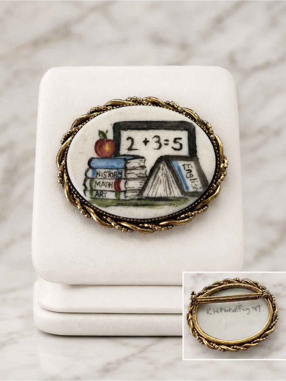 Vintage Hand-Painted Teacher Brooch | School Books Apple Classroom Pin